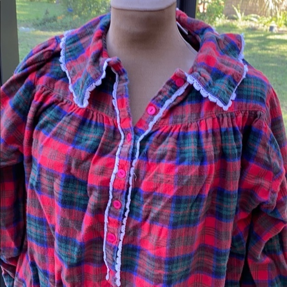Vintage Laura Gayle Plaid Flannel Nightgown Red Green Lace Trim Cottagecore